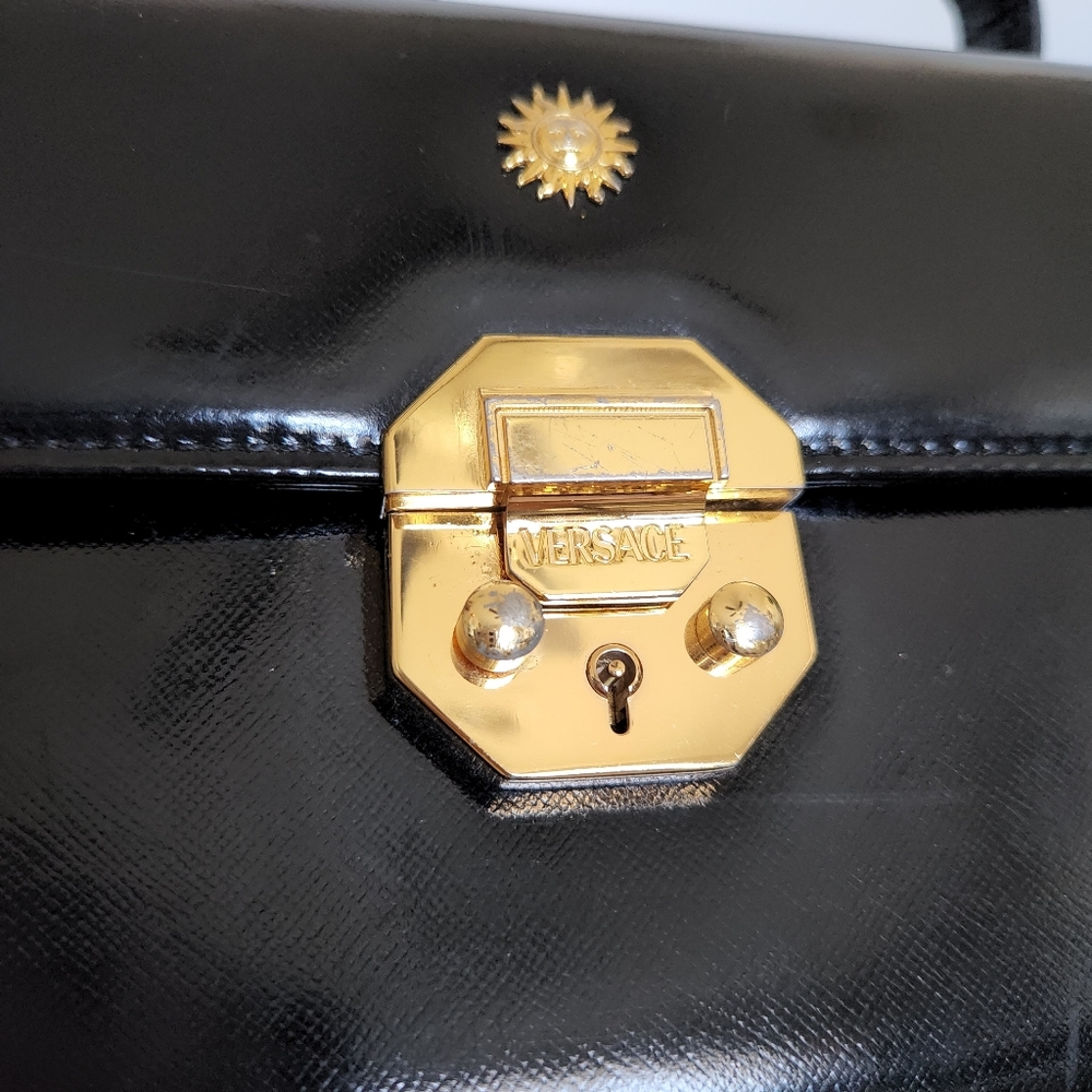 Vintage GIANNI VERSACE Sunburst Motif Hand Bag Leather Black - Picture 7 of 10
